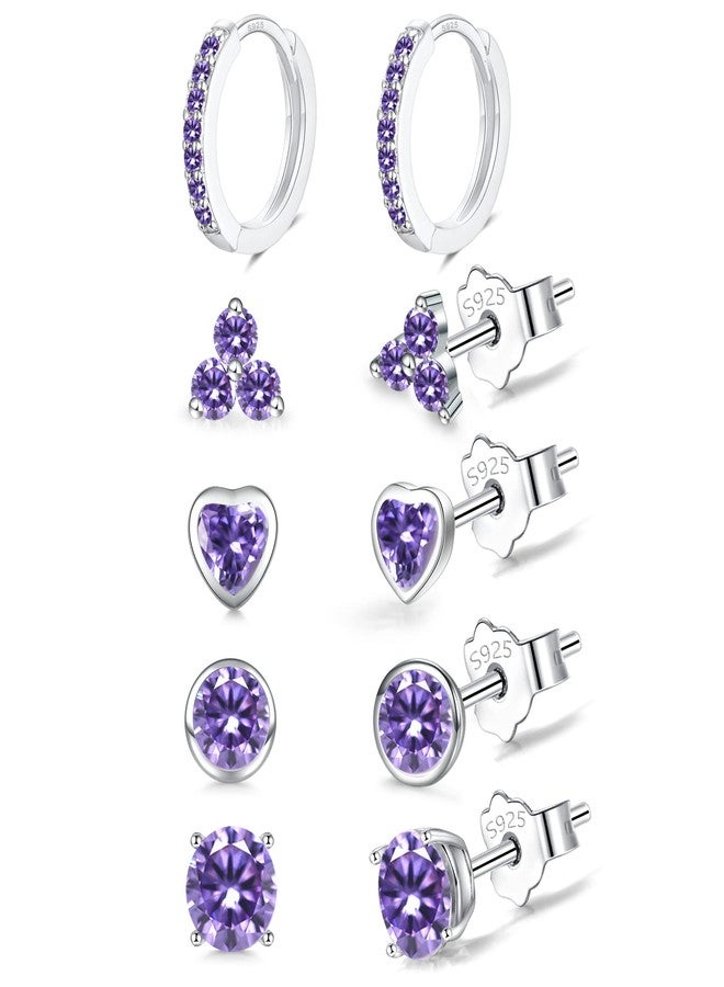 EPIRORA 925 Sterling Silver Stud Earrings Set for Women Men, Hypoallergenic Amethyst Cubic Zirconia Stud Cartilage Helix Earrings, 5 Pairs Silver Hoop Earring Studs Sets for Multiple Piercing - Image 1
